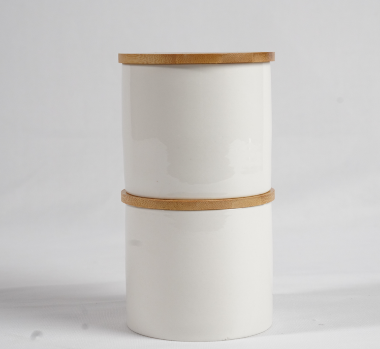 Premium Ceramic Jars with Bamboo Lids - White | 450ml (Set of 2) | GET LABELS FOR FREE